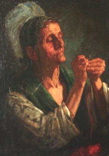 1872, Old Flemish Woman Threading a Needle